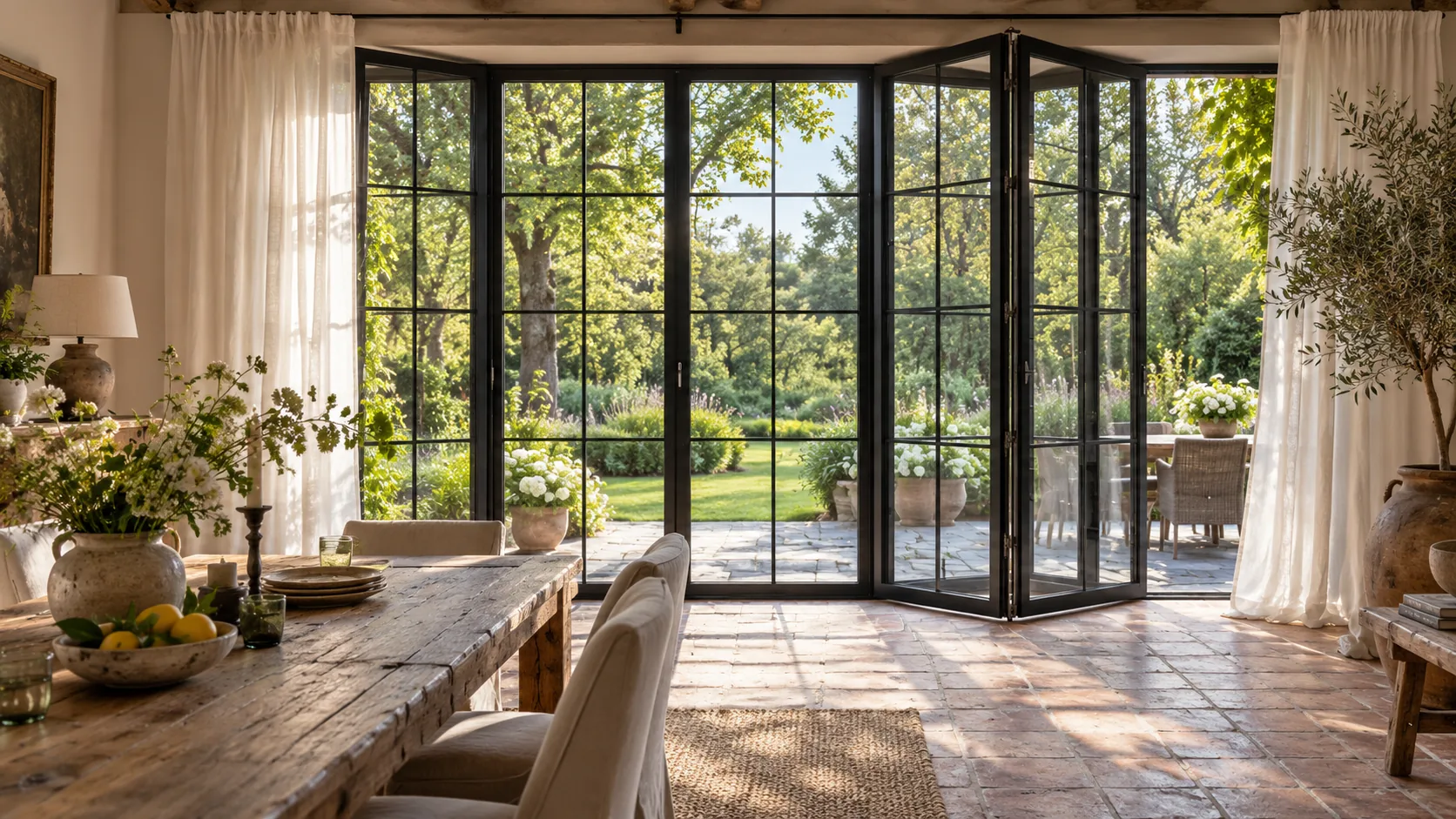 Stalen harmonicadeur open naar de tuin