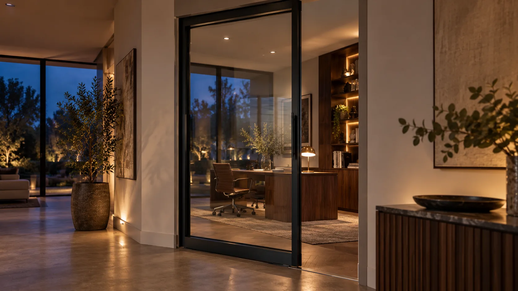 Stalen taatsdeur in een villa bij avondlicht